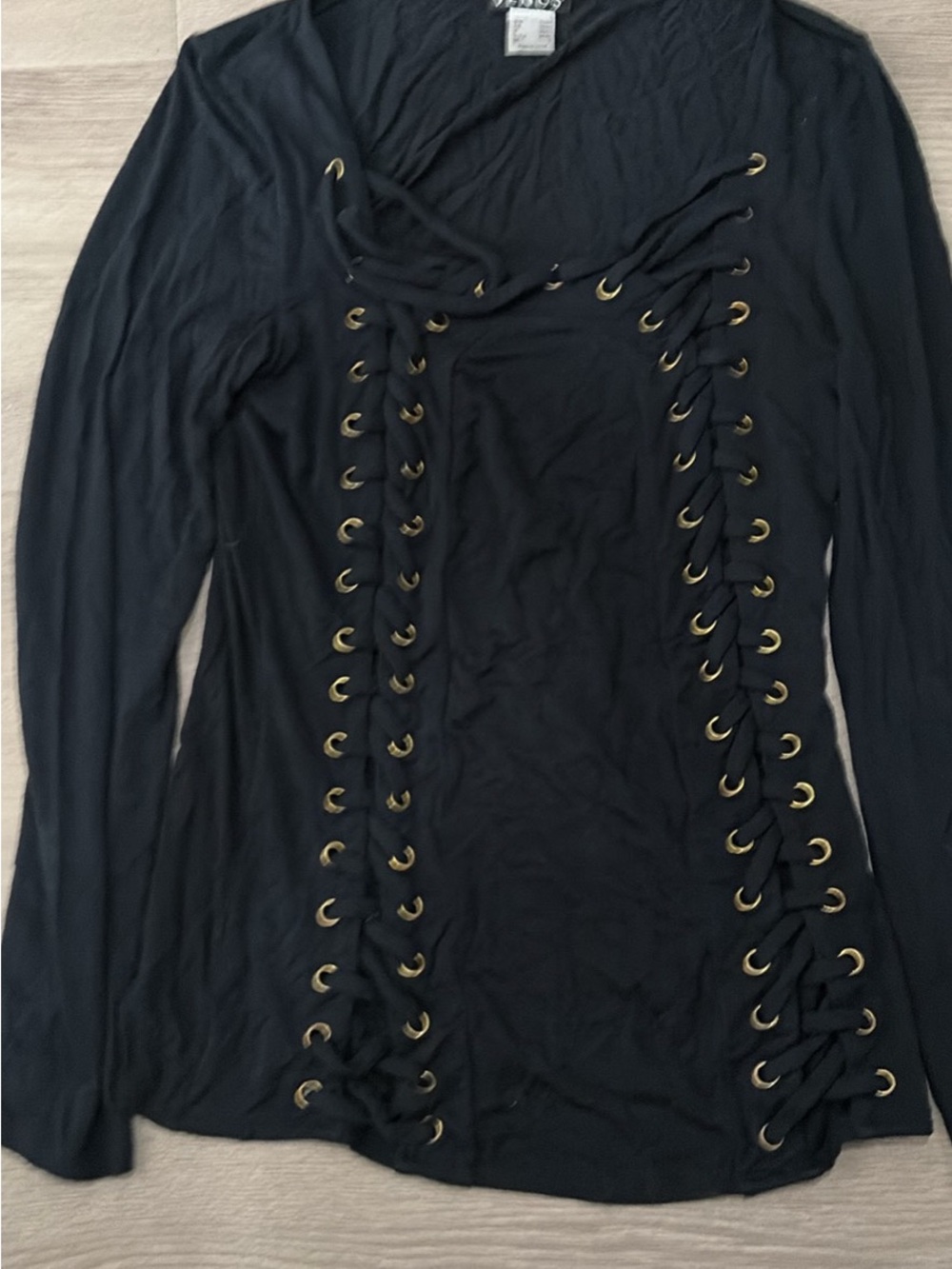 VENUS Black Long-Sleeve Lace-Up Top with Gold Eyelets